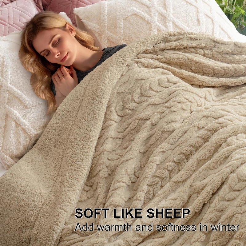 PHF Fluffy Sherpa Blanket King Size (274 cm x 229cm) for Winter, Warm and Soft, 510GSM 3D Jacquard Thick Shaggy Fleece Plush Blanket for Sofa Bed, Khaki - Image 3