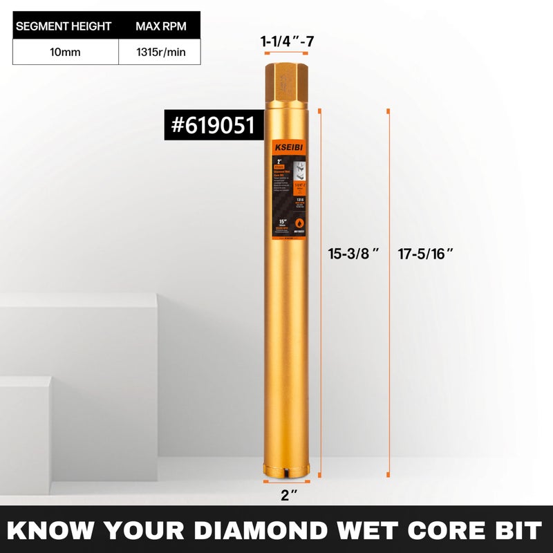 KSEIBI 619051 Wet Concrete Core Drill Bit, 2-Inch Diameter for Drilling Concrete, Marble, Granite, Brick, and Hard Masonry 16-Inch Drilling Depth, 1-1/4"-7 Arbor, 10mm Segment Height Diamond Hole Saw - Image 2