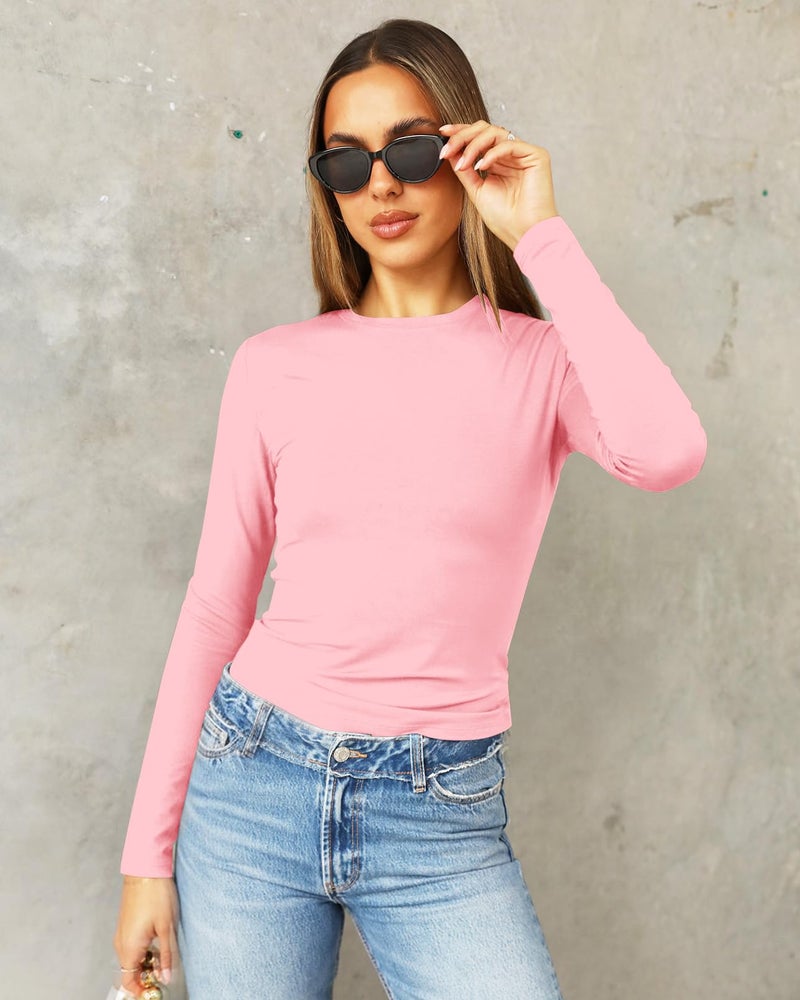 Abardsion Women's Long Sleeve Shirts Spring 2026 Casual Basic Going Out Crop Tops Slim Fit Tight Y2K Clothes(Light Pink, S) - Image 2