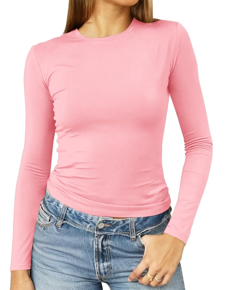 Abardsion Women's Long Sleeve Shirts Spring 2026 Casual Basic Going Out Crop Tops Slim Fit Tight Y2K Clothes(Light Pink, S) - Image 1