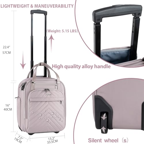 VANKEAN Carry On Underseat 16-inch Multi-functional Underseater Lightweight Overnight Suitcase with Wheels, Roller Case for Women Travel Business, Light Dusty Pink - Image 3