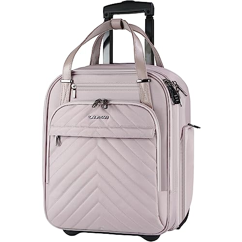 VANKEAN Carry On Underseat 16-inch Multi-functional Underseater Lightweight Overnight Suitcase with Wheels, Roller Case for Women Travel Business, Light Dusty Pink - Image 1
