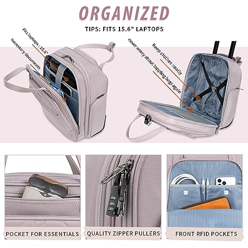 VANKEAN Carry On Underseat 16-inch Multi-functional Underseater Lightweight Overnight Suitcase with Wheels, Roller Case for Women Travel Business, Light Dusty Pink - Image 4