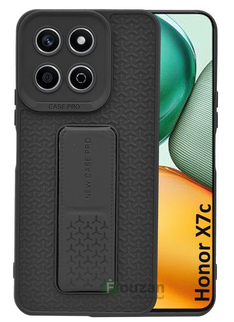 For Honor X7c - Semi Soft Silicone Magnetic Back Stand Case  With Foldable Kickstand & Finger Strap  - Black