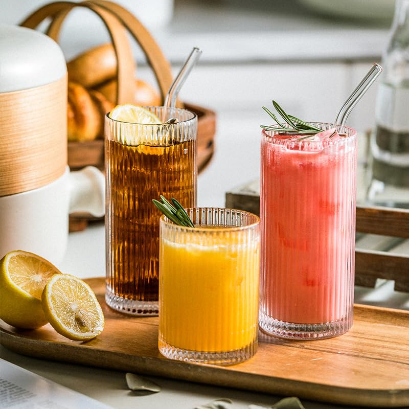 POLIDREAM Drinking Glasses with Origami Style Set of 4 Glass Cups, 12 oz Ribbed Glassware, Highball Glass Cups, Elegant Art Deco Ripple Vintage Glassware, Juice Glasses, Ideal for Cocktail, Beer - Image 4