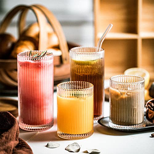 POLIDREAM Drinking Glasses with Origami Style Set of 4 Glass Cups, 12 oz Ribbed Glassware, Highball Glass Cups, Elegant Art Deco Ripple Vintage Glassware, Juice Glasses, Ideal for Cocktail, Beer - Image 3