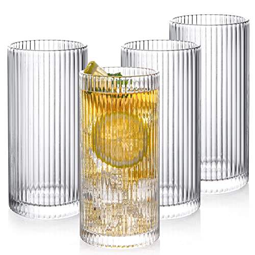 POLIDREAM Drinking Glasses with Origami Style Set of 4 Glass Cups, 12 oz Ribbed Glassware, Highball Glass Cups, Elegant Art Deco Ripple Vintage Glassware, Juice Glasses, Ideal for Cocktail, Beer - Image 1