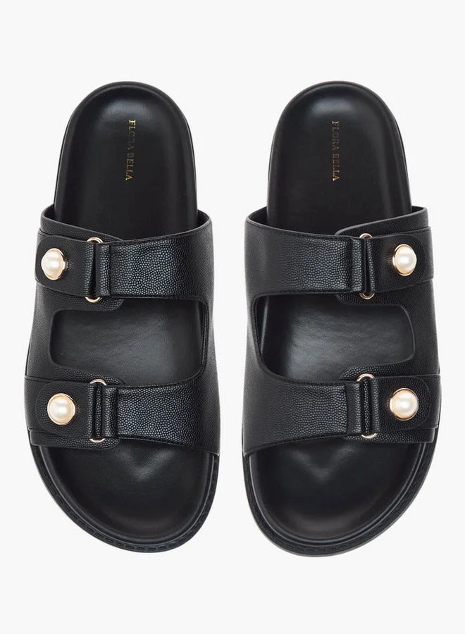 Flora Bella By Shoexpress Textured Pearl Embellished Slip-On Flat Sandals