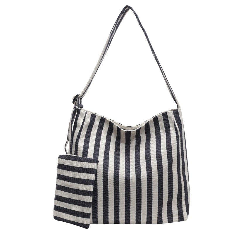 Korean Style Lazy Style Striped Canvas Bag Artistic Fashion Commuter Shoulder Bag Travel Shopping Bag Crossbody Bag Tote Bag - Image 1