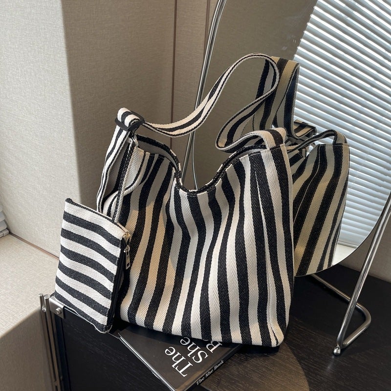 Korean Style Lazy Style Striped Canvas Bag Artistic Fashion Commuter Shoulder Bag Travel Shopping Bag Crossbody Bag Tote Bag - Image 2