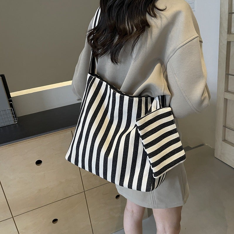 Korean Style Lazy Style Striped Canvas Bag Artistic Fashion Commuter Shoulder Bag Travel Shopping Bag Crossbody Bag Tote Bag - Image 3