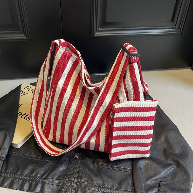 Korean Style Lazy Style Striped Canvas Bag Artistic Fashion Commuter Shoulder Bag Travel Shopping Bag Crossbody Bag Tote Bag - Image 5