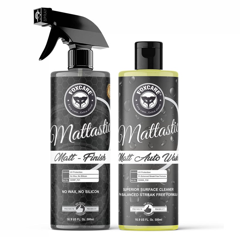 Foxcare Mattastic Matt KIT for Satin Finish and Matte Finish Paint, Matte Detailer and Matte Auto shampoo for matte paint, vinyl wraps Safe for cars, Bike, Scooty & more - pack of 2 1000ml - Image 1