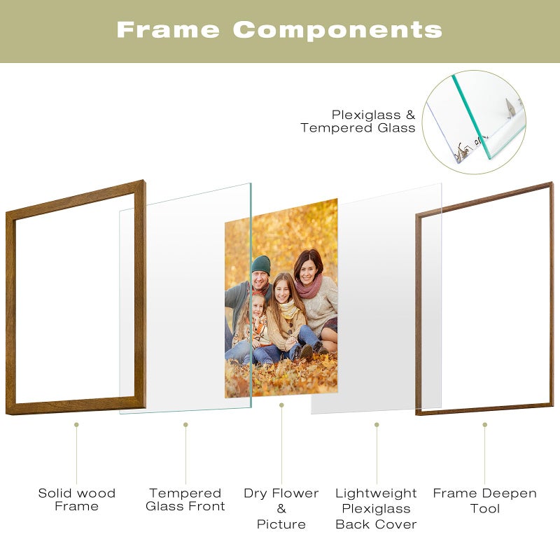 Frametory 11x14 Floating Picture Frame - Brown Solid Wood Frame for Pressed Flower - Real Glass of Front - Use as 8x10 or 5x7 Picture Frame - for Wall Mount Display (Brown, 1 Pack) - Image 2