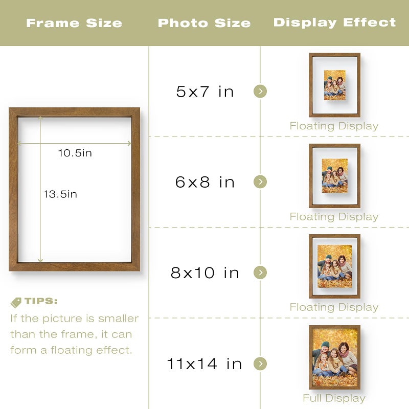 Frametory 11x14 Floating Picture Frame - Brown Solid Wood Frame for Pressed Flower - Real Glass of Front - Use as 8x10 or 5x7 Picture Frame - for Wall Mount Display (Brown, 1 Pack) - Image 4