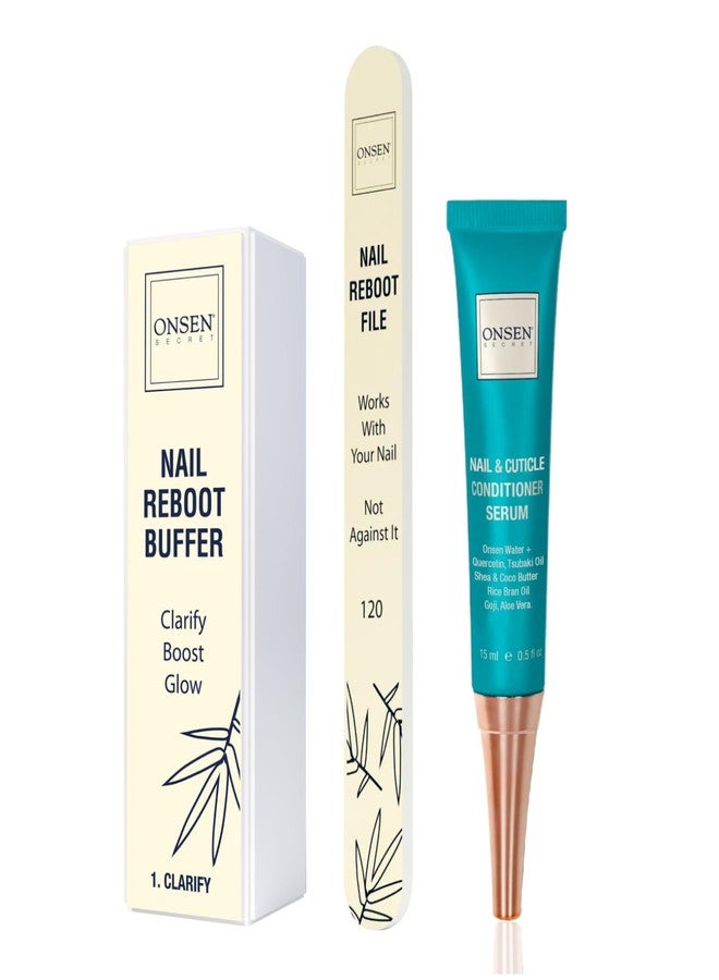 Onsen Secret Cuticle Cream Bundle, Double Sided Nail File 120/180 Grit, Nail Cuticle Oil - Japanese Natural Healing Minerals Nail Care Serum. (15ml + Buffer + Nail File) - Image 1