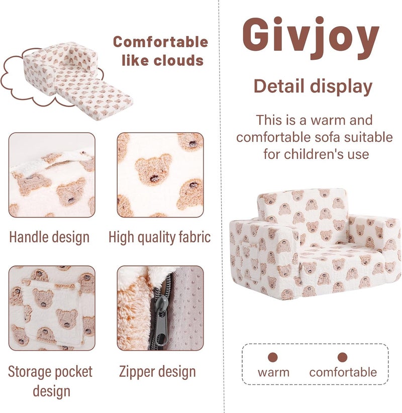 Givjoy أريكة أطفال كرسي الأطفال الصغار، أريكة أطفال مع جيوب جانبية 2 في 1 كرسي أطفال ذو ذراعين مع غطاء قابل للإزالة والغسل ومقبض حمل أريكة قراءة للأطفال لغرفة اللعب، للبنات والبنين، دب بني - Image 3
