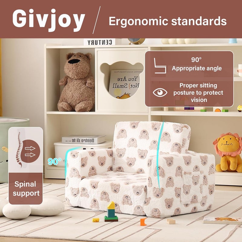 Givjoy أريكة أطفال كرسي الأطفال الصغار، أريكة أطفال مع جيوب جانبية 2 في 1 كرسي أطفال ذو ذراعين مع غطاء قابل للإزالة والغسل ومقبض حمل أريكة قراءة للأطفال لغرفة اللعب، للبنات والبنين، دب بني - Image 4