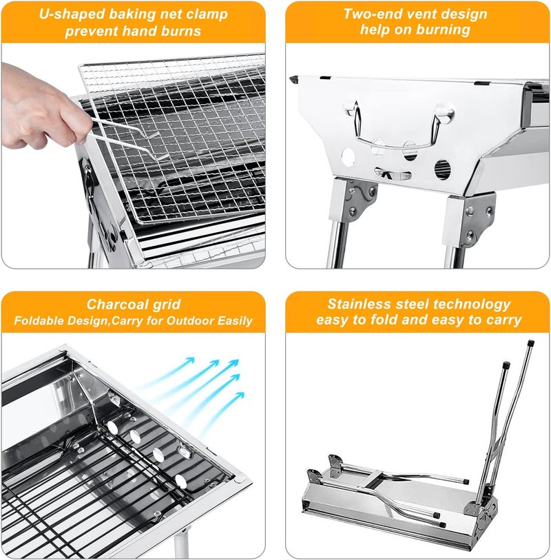 Uten Portable Stainless Steel Folding BBQ Grill for Outdoor Charcoal Cooking, Camping, Hiking, Picnics - Image 2
