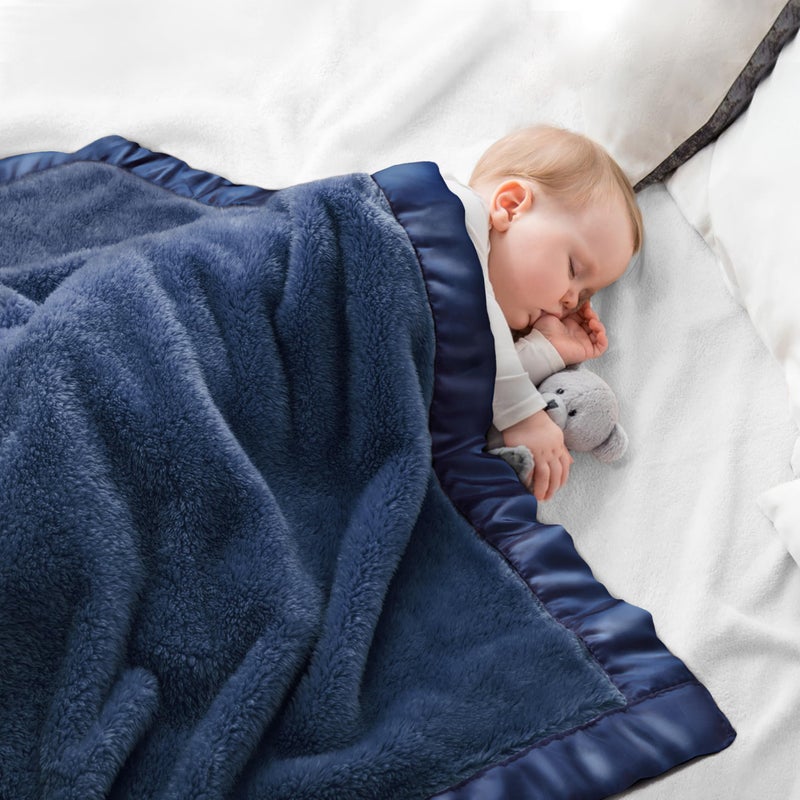 Pro Goleem Fleece Baby Blankets for Boys with 2 Inch Satin Trim Super Soft Plush Receiving Blanket for Infant Toddler Newborn Cozy 30x40 Inch Crib Stroller Blanket Navy Blue