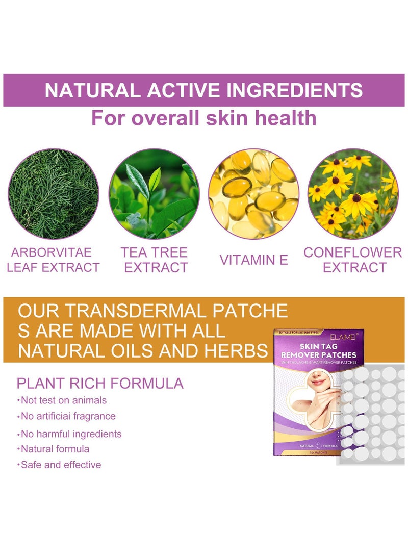 Elaimei - 144 Pieces Skin Tag Remover Patches Acne Tag Mole Remover Patch Natural Safe Effective Skin Tag Removal Patches to Remove Acne Dark Spot Wart for Face and Body - Image 1