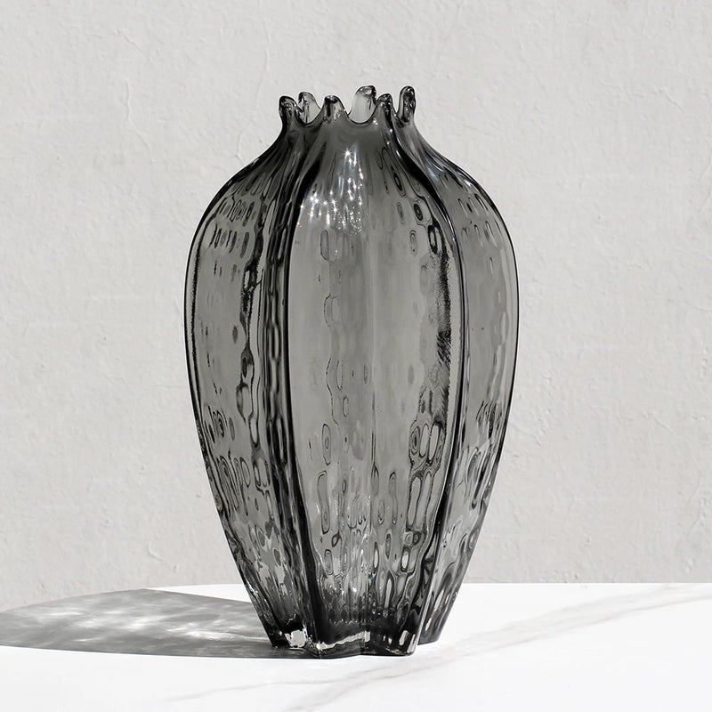 Y&D Modern Gray Glass Flower Vase - Unique Irregular Mouth-blown Design - Tabletop Decor for Home Accessories, Vases - Image 1