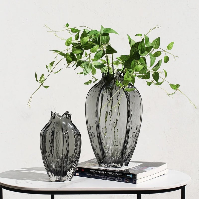 Y&D Modern Gray Glass Flower Vase - Unique Irregular Mouth-blown Design - Tabletop Decor for Home Accessories, Vases - Image 3