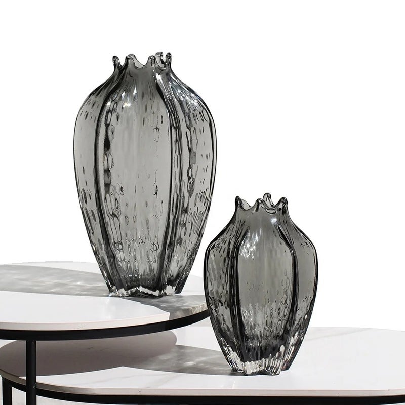 Y&D Modern Gray Glass Flower Vase - Unique Irregular Mouth-blown Design - Tabletop Decor for Home Accessories, Vases - Image 2