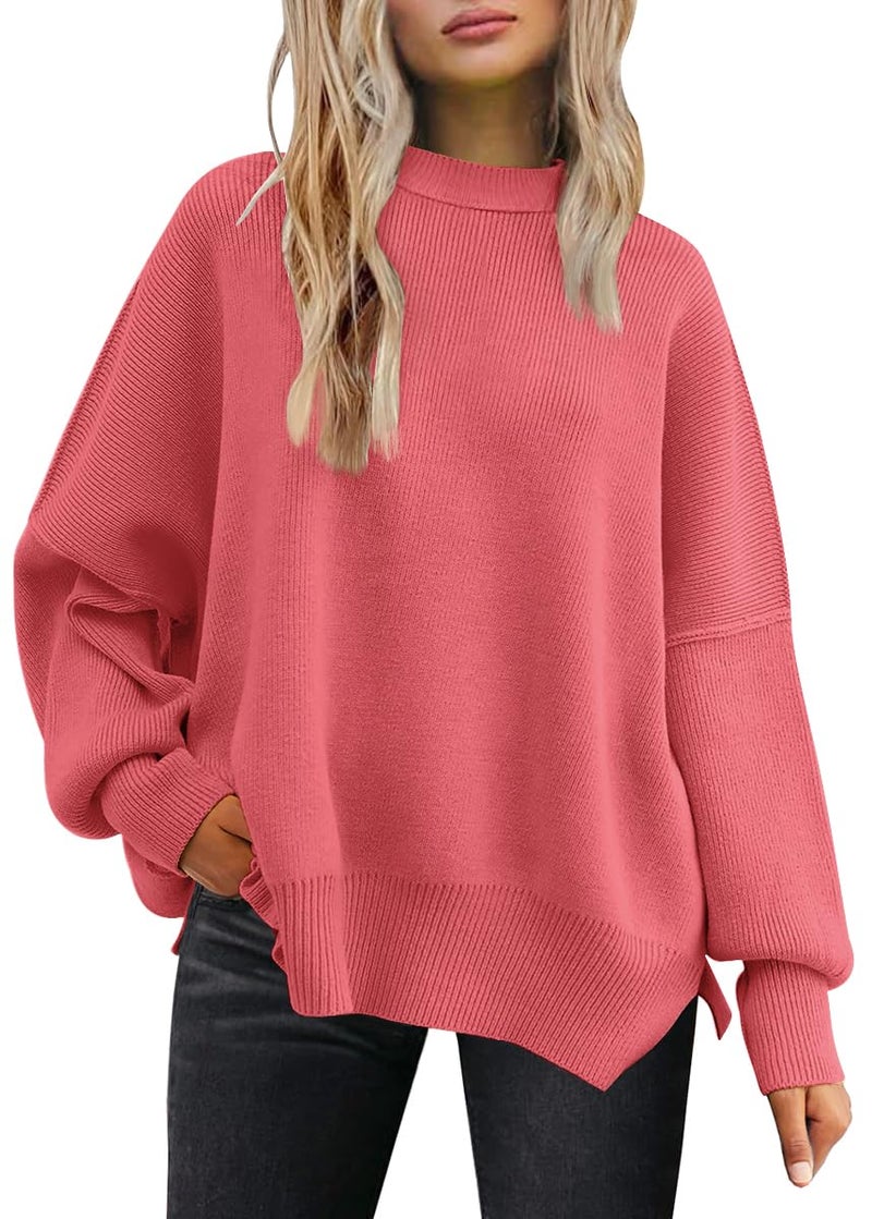 LILLUSORY Oversized Sweaters for Women 2025 Fall Fashion Outfits Trendy Crewneck Knit Cute Lightweight Sweater Pullover Tops Long Sleeve Shirts Winter Clothes BrightPink XL - Image 1