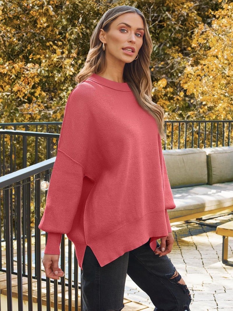 LILLUSORY Oversized Sweaters for Women 2025 Fall Fashion Outfits Trendy Crewneck Knit Cute Lightweight Sweater Pullover Tops Long Sleeve Shirts Winter Clothes BrightPink XL - Image 5
