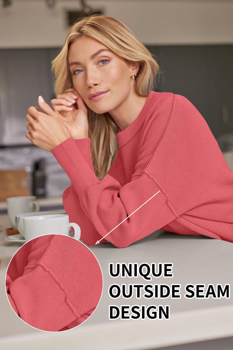 LILLUSORY Oversized Sweaters for Women 2025 Fall Fashion Outfits Trendy Crewneck Knit Cute Lightweight Sweater Pullover Tops Long Sleeve Shirts Winter Clothes BrightPink XL - Image 4