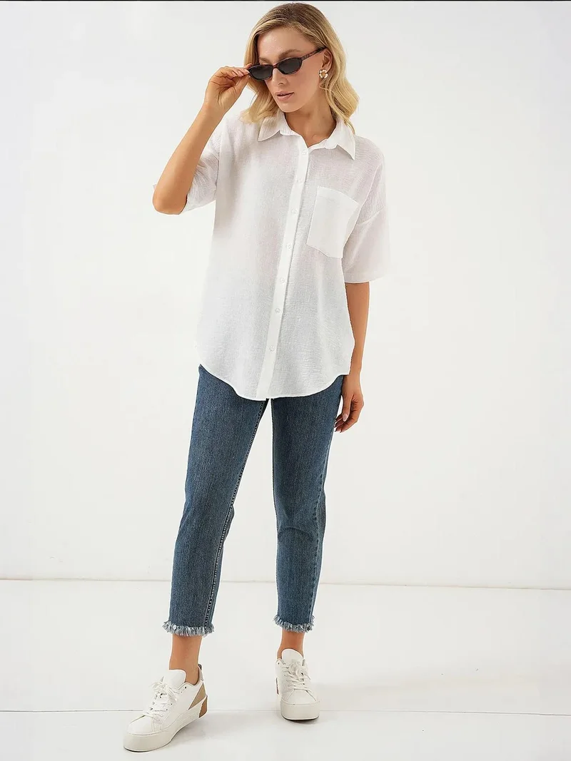 بيغ دارت قميص كتان بقصة فضفاضة بأزرار وجيب