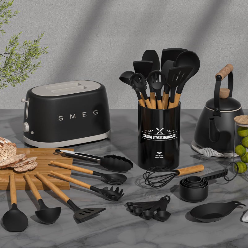 33-Piece Non-Stick Silicone Cooking Utensil Set with Wooden Handles and Holder, Khaki - Image 2