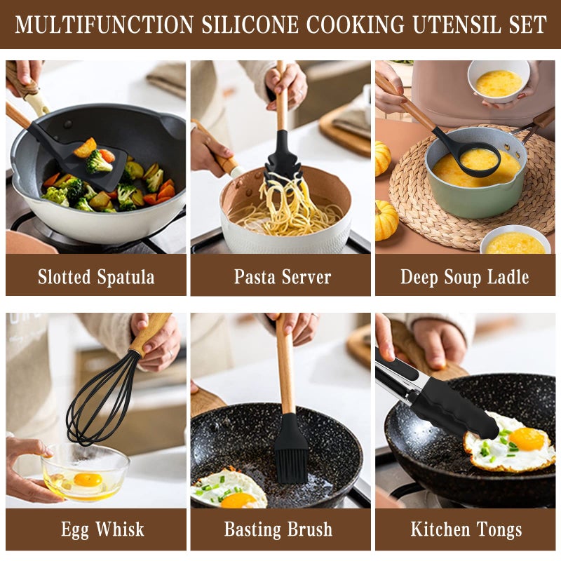 33-Piece Non-Stick Silicone Cooking Utensil Set with Wooden Handles and Holder, Khaki - Image 3