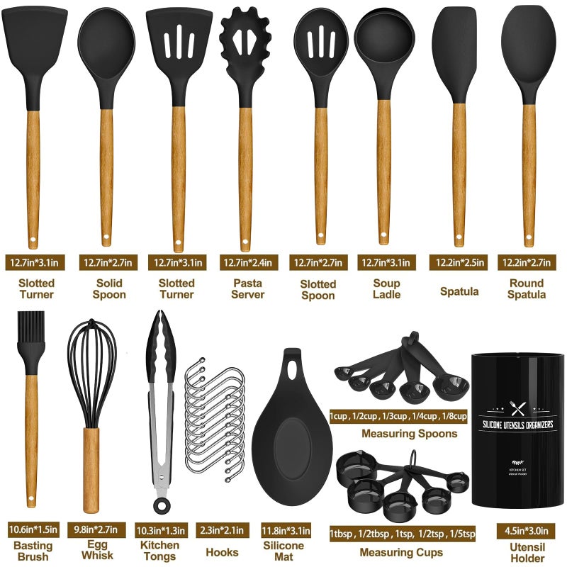 33-Piece Non-Stick Silicone Cooking Utensil Set with Wooden Handles and Holder, Khaki - Image 4