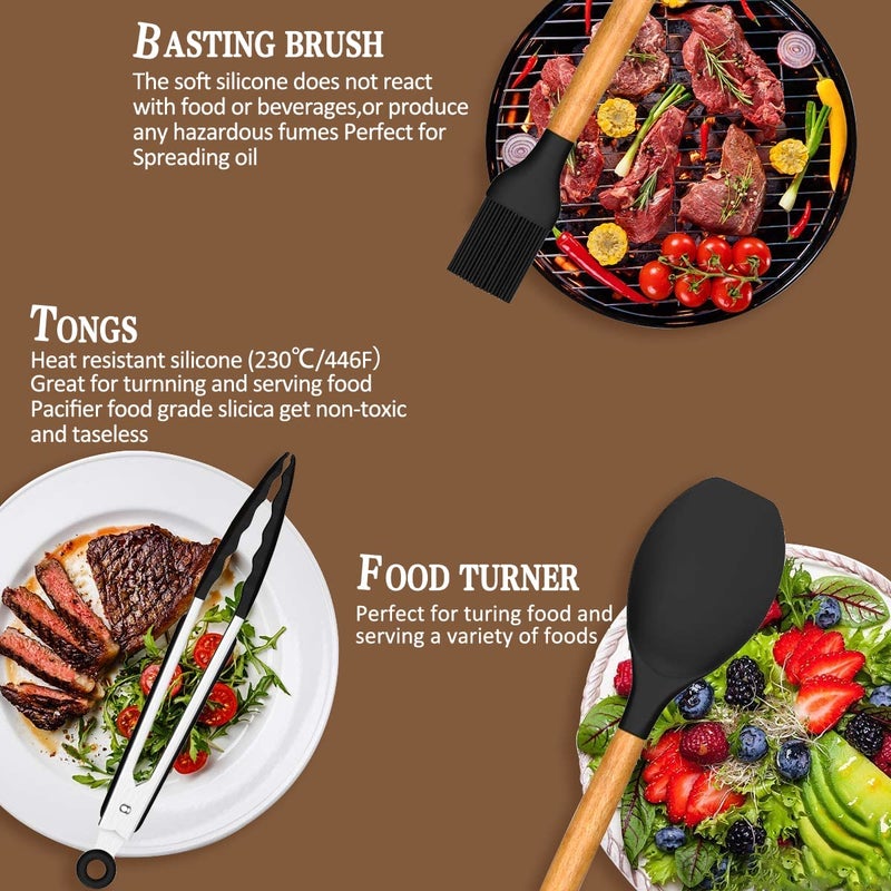 33-Piece Non-Stick Silicone Cooking Utensil Set with Wooden Handles and Holder, Khaki - Image 5