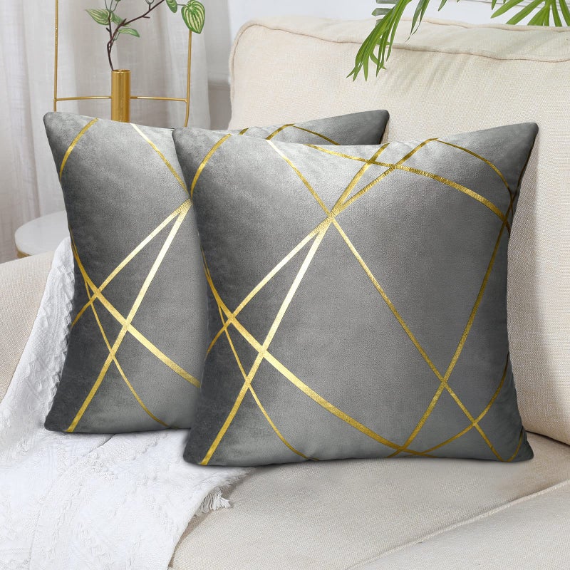 Velvet Cushion Cover 45 x 45 cm Grey Gold Lines Decorative Pillow Covers Geometry Cushion Living Room Bedroom Bench Car Cushion Sofa Set of 2