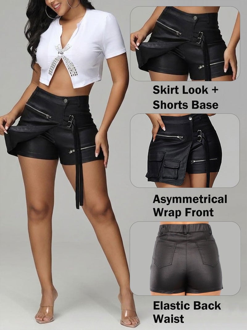 KANSOON Women Leather Shorts Metallic High Waisted Cargo Skort Sexy Rave Asymmetrical Skirt Skorts Black L - Image 4