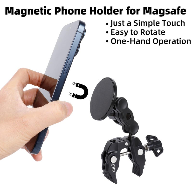 FPN All-Metal Magnetic Phone Holder for Magsafe, Magnet Phone Mount with Super Clamp for Spin Bike/Microphone Stand/Cart/Railing/Handlebar/Dia 0.4-2" Rod, Compatible with iPhone 16 15 14 13 12 Series - Image 4