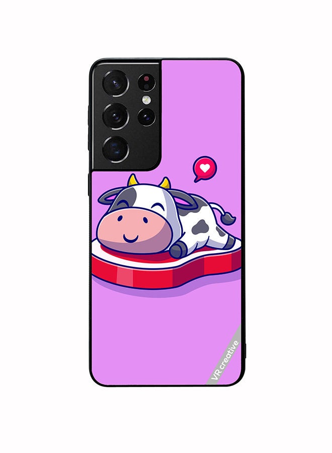 VR CREATIVE Protective Case Cover For Samsung Galaxy S21 Ultra 5G Cute Cow Sleeping On Beef Steak Cartoon Design Multicolour - Image 1