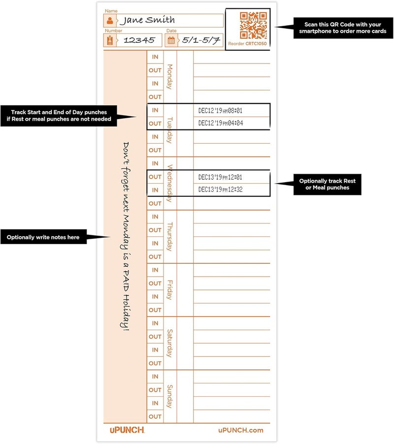 uPunch 100 Time Cards for CR1000 Digital Time Clock and Date Stamp - Image 3