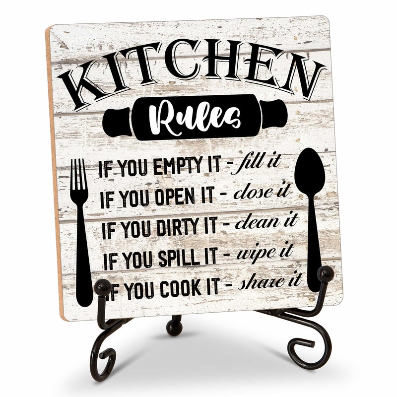 DETIHO Rustic Wood Plaque with Stand - Kitchen Decor - Kitchen Rules Wood Sign - Idea Wooden Decor for Home Living Room Dining Room Shelf Table Decoration (31) - Image 1