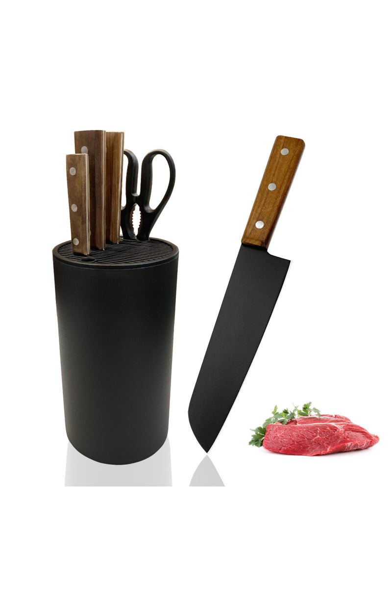 فوك مجموعة سكاكين مطبخ 6 قطع، أسود مقاوم للصدأ، غير لاصق من الفولاذ المقاوم للصدأ، مع حامل سكاكين عالمي للمطبخ - Image 1