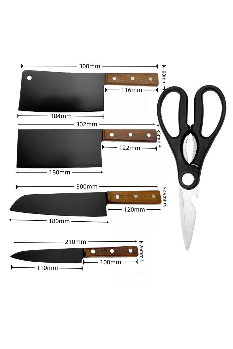 فوك مجموعة سكاكين مطبخ 6 قطع، أسود مقاوم للصدأ، غير لاصق من الفولاذ المقاوم للصدأ، مع حامل سكاكين عالمي للمطبخ - Image 2