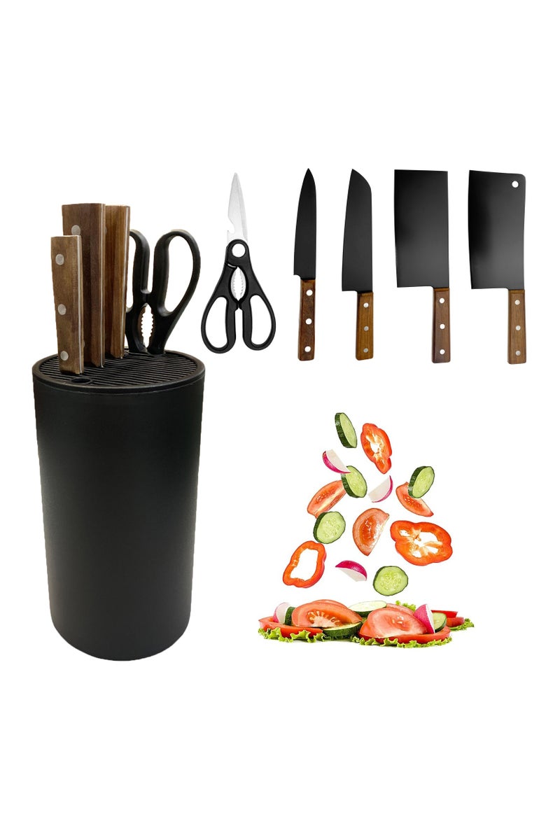 فوك مجموعة سكاكين مطبخ 6 قطع، أسود مقاوم للصدأ، غير لاصق من الفولاذ المقاوم للصدأ، مع حامل سكاكين عالمي للمطبخ - Image 3