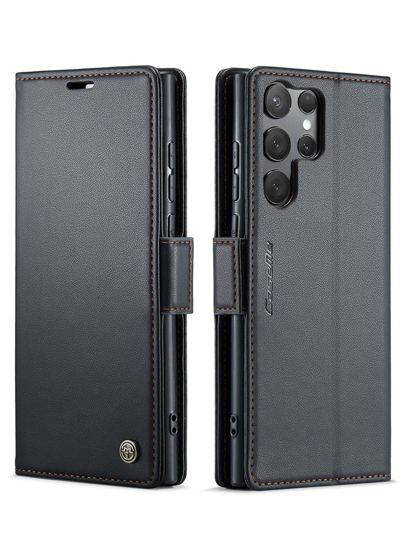 CaseMe Flip Wallet Case For Samsung Galaxy S25 Ultra RFID Blocking PU Leather Wallet Flip Folio Case with Card Holder Kickstand Shockproof Phone Cover - Black - Image 1