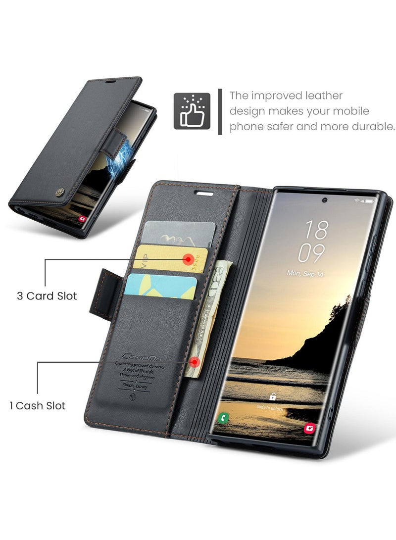 CaseMe Flip Wallet Case For Samsung Galaxy S25 Ultra RFID Blocking PU Leather Wallet Flip Folio Case with Card Holder Kickstand Shockproof Phone Cover - Black - Image 2