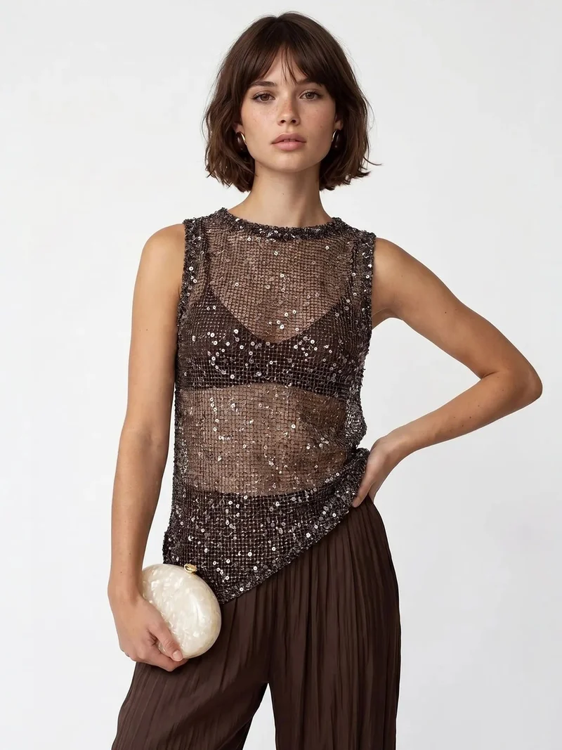 ميكسراي MIXRAY Sequin Sleeveless Crew Neck Blouse