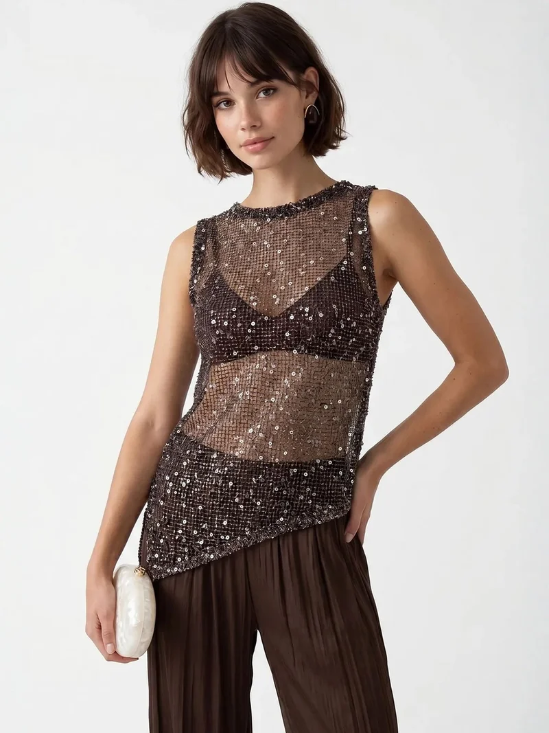 ميكسراي MIXRAY Sequin Sleeveless Crew Neck Blouse
