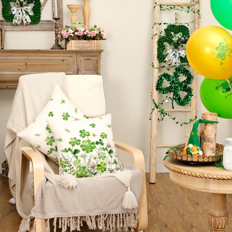 AACORS St.Patricks Day Pillow Covers 18X18 Inch Set of 2,Shamrock Floral Decorations Holiday Spring Decorative Pillow Case Decor for Sofa Couch (Green) - Image 2